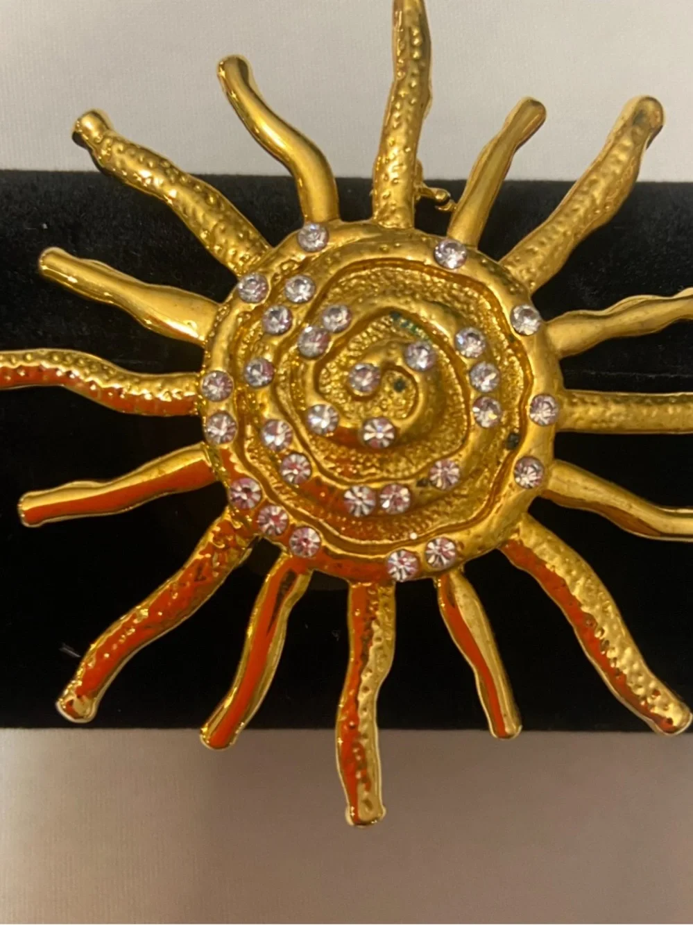 Gold tone Sunburst Brooch with Clear Rhinestones - Women's Accessory